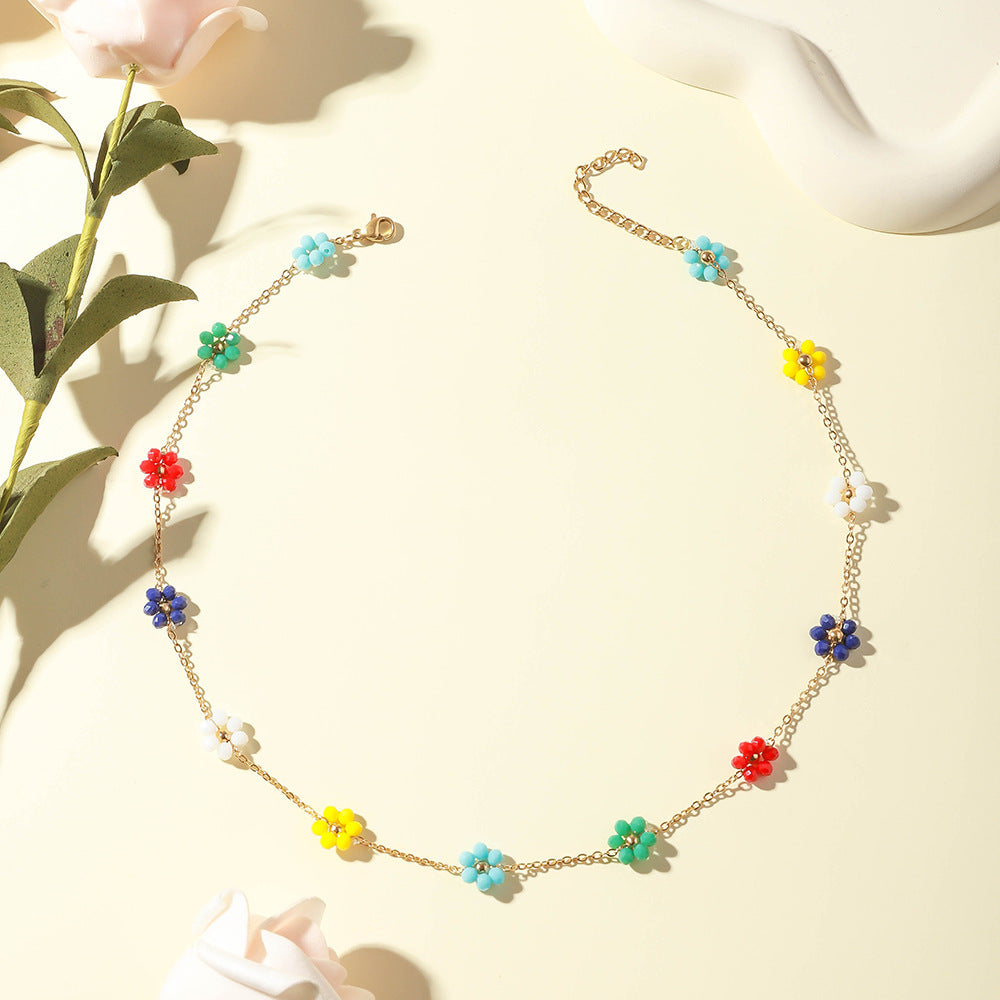Cross-border dripping stainless steel necklace ladies simple temperament titanium steel collarbone chain painted flower bracelet necklace wholesale
