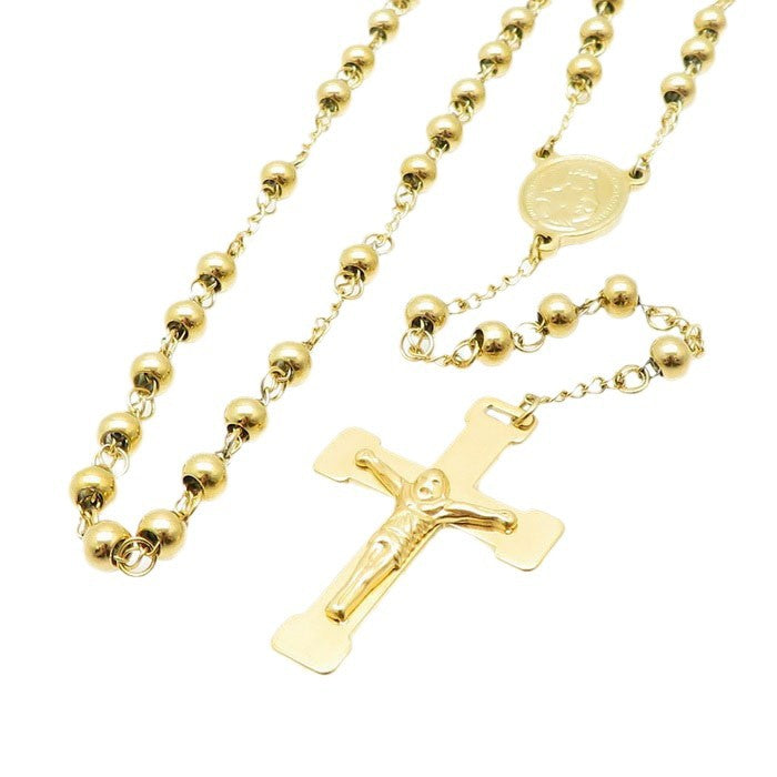 Cross-border titanium steel jewelry, stainless steel rosary necklace cross gold-plated 18K round bead cross necklace men's and women's jewelry