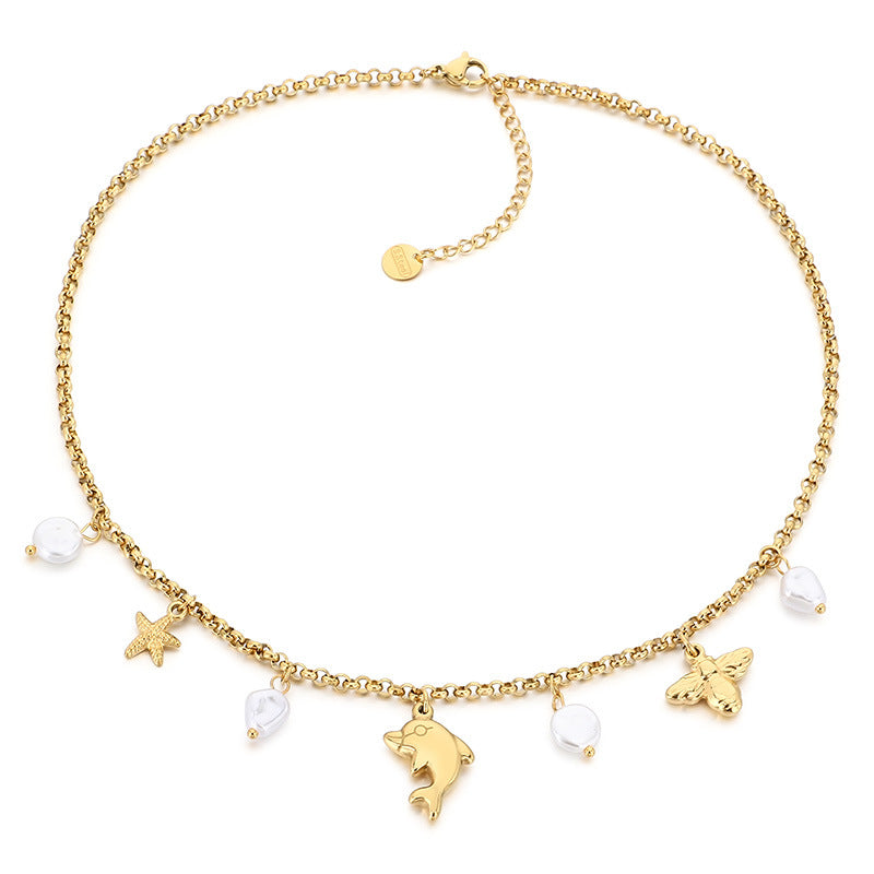 Gold Layered Charm Necklace with Pearl & Symbol Pendants