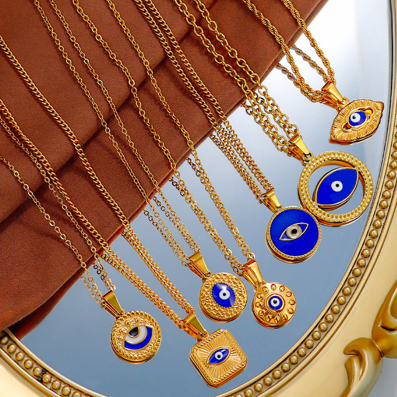 Cross-border stainless steel blue eye devil's eye gold single pendant DIY necklace jewelry 24k accessories wholesale