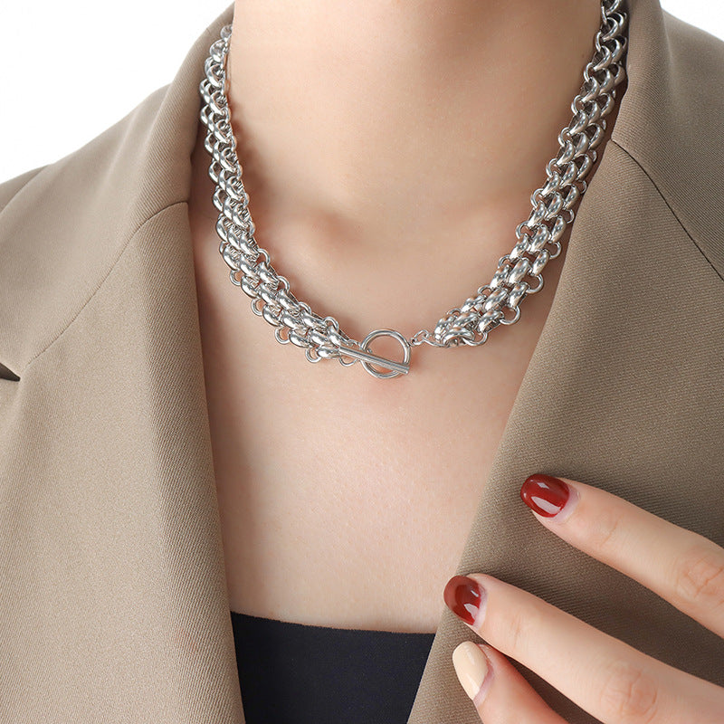 Cold wind exaggerated trendy temperament jewelry set buckle design thick chain personalized necklace versatile gold-plated bracelet