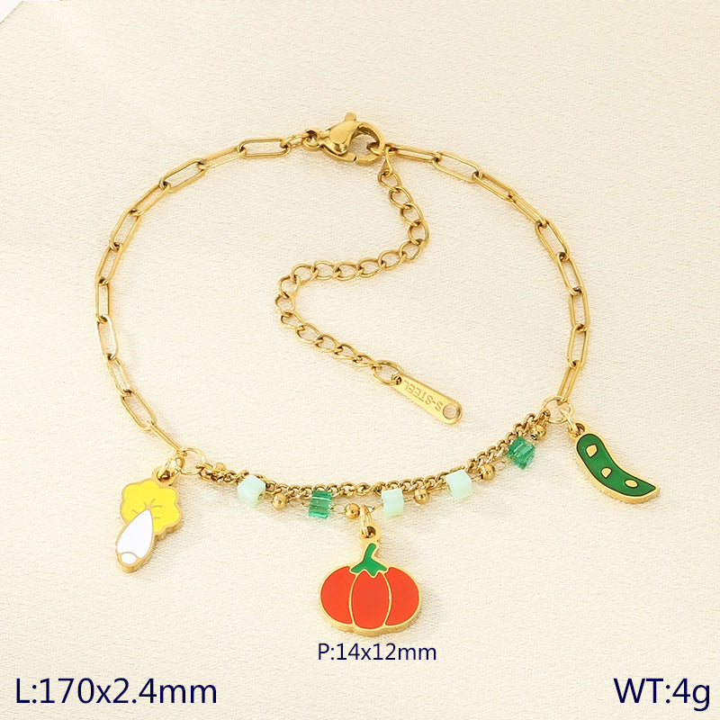 INS fresh and fashionable stainless steel double chain cartoon fruit pendant anklet titanium steel holiday jewelry foot decoration