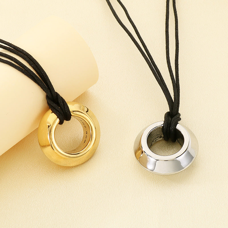 Cross-border retro hollow stainless steel ring pendant leather rope neck chain adjustable length necklace unisex necklace