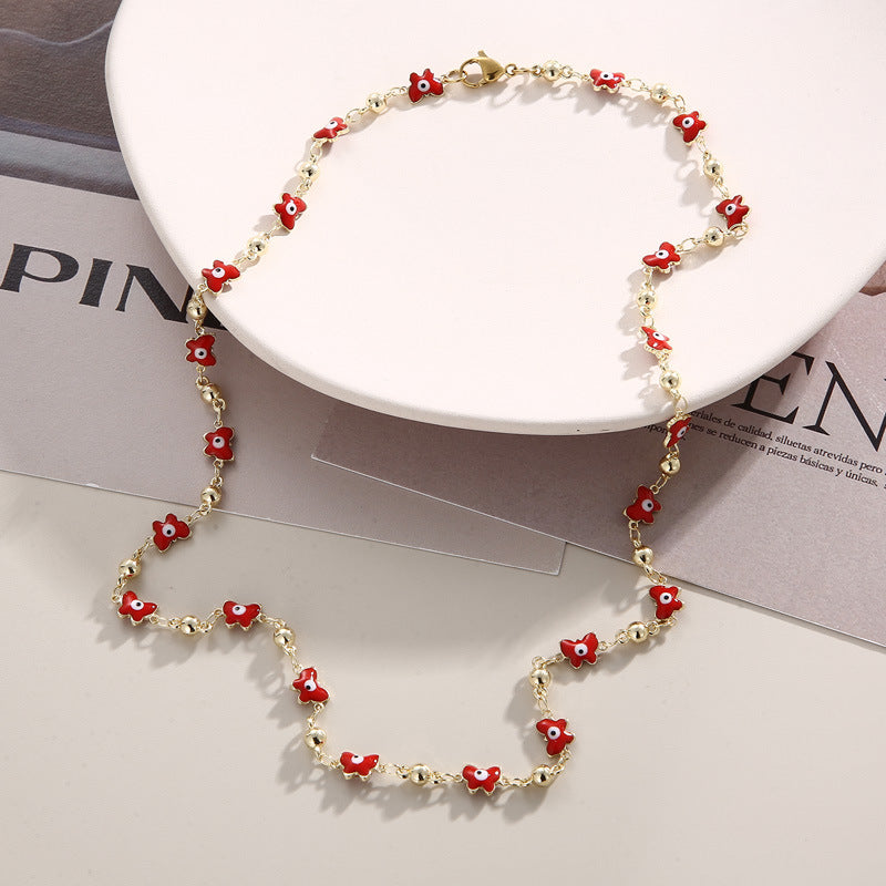 Creative Fashion ins Stainless Steel Butterfly Devil's Eye Necklace, Color Oil Drip Bead Copper Necklace Jewelry