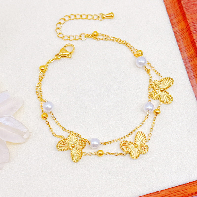 Cross-border fashion double-layer wearing stainless steel butterfly chain pearl bracelet jewelry for girlfriends' birthday gifts