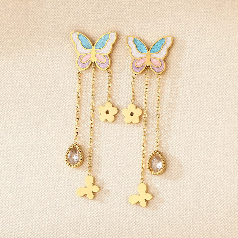 Korean fashion cartoon stainless steel gradient oil drip butterfly tassel chain water drop flower butterfly earrings earrings