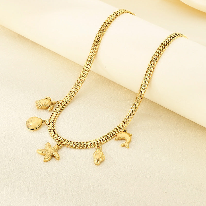 European and American cross-border niche personality 18K gold stainless steel double-layer side chain necklace female ocean wind versatile collarbone chain