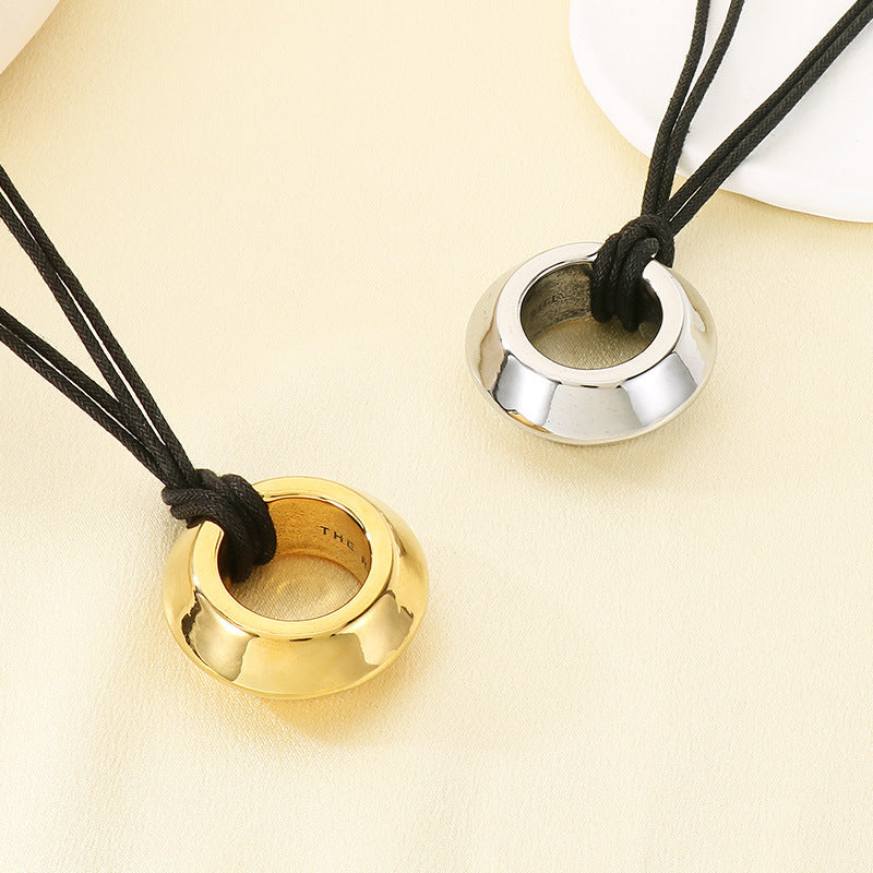 Cross-border retro hollow stainless steel ring pendant leather rope neck chain adjustable length necklace unisex necklace