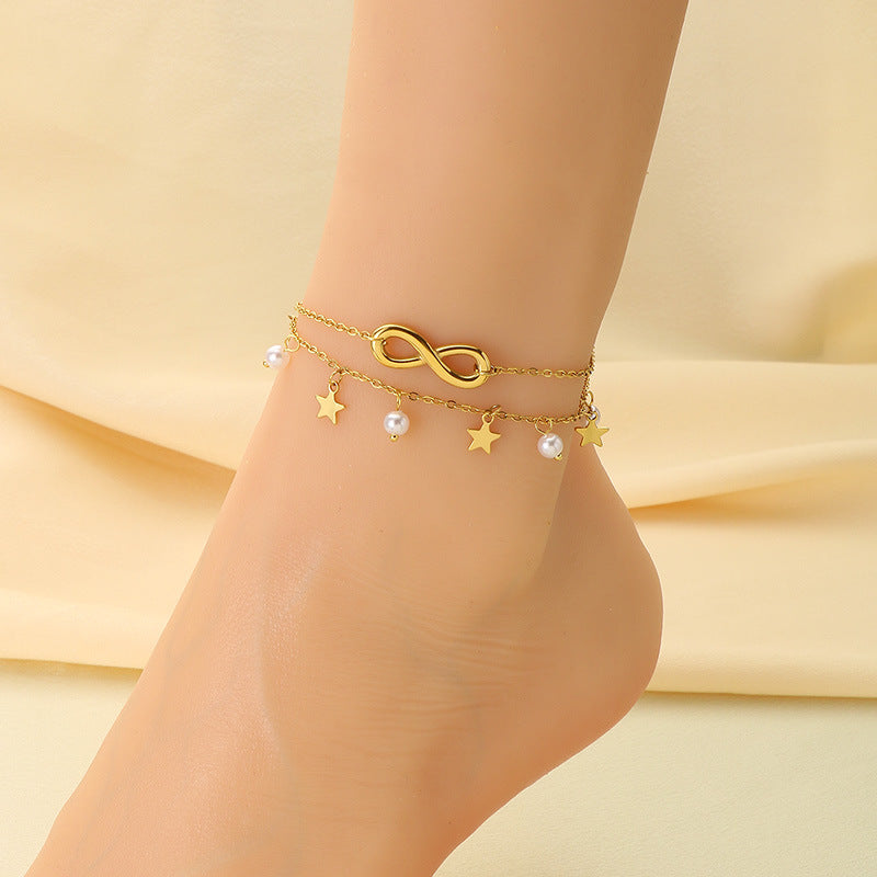 Cross-border beach stainless steel anklet Pentagram Moon Infinity pendant simple 18K gold personalized foot decoration foot chain
