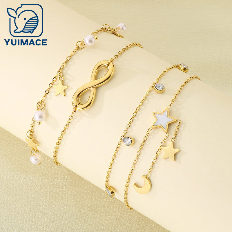 Cross-border beach stainless steel anklet Pentagram Moon Infinity pendant simple 18K gold personalized foot decoration foot chain