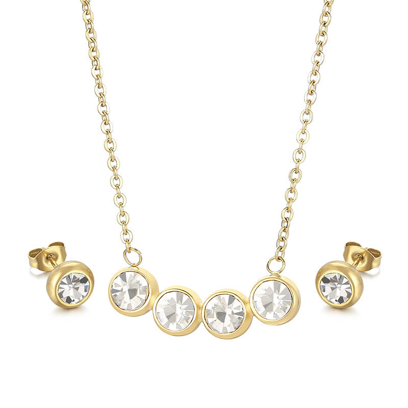 Cross-border popular set jewelry, stainless steel girls short rhinestone collarbone chain hip-hop necklace stud earrings two-piece set