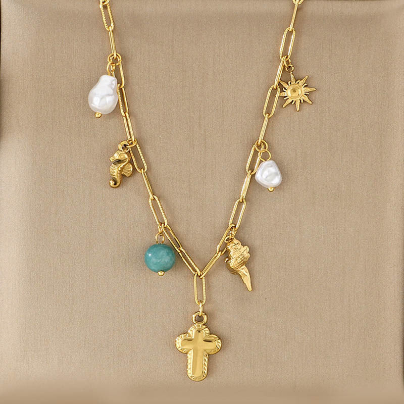 Gold Layered Charm Necklace with Pearl & Symbol Pendants