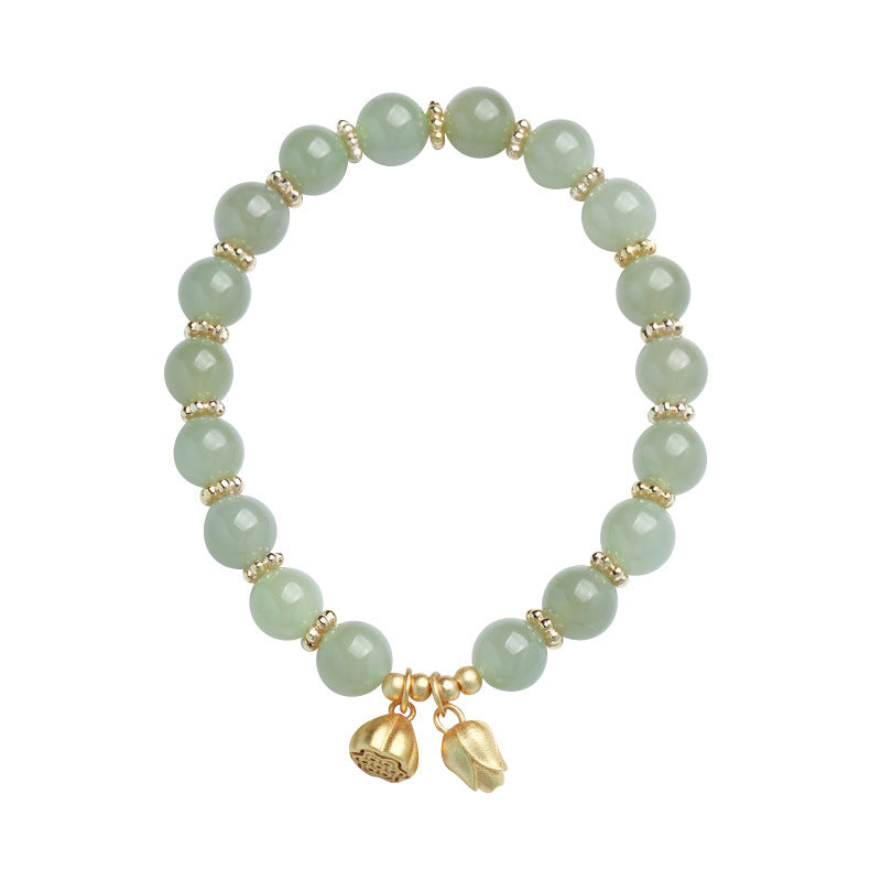 天然8MM和田玉圆珠单圈手链S925银镀金隔片两世欢手串