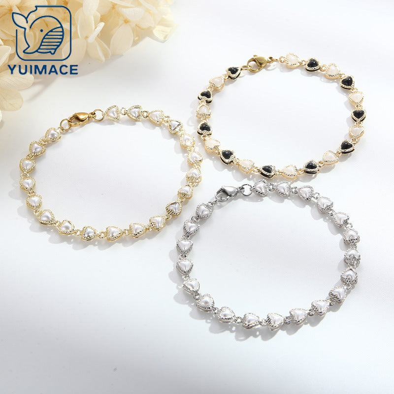 Fresh one-piece love pearl copper bracelet, simple and cold wind design stainless steel splicing bracelet