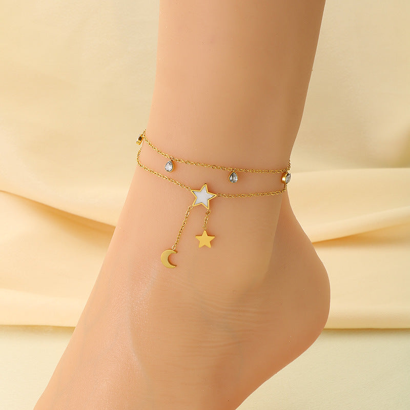 Cross-border beach stainless steel anklet Pentagram Moon Infinity pendant simple 18K gold personalized foot decoration foot chain