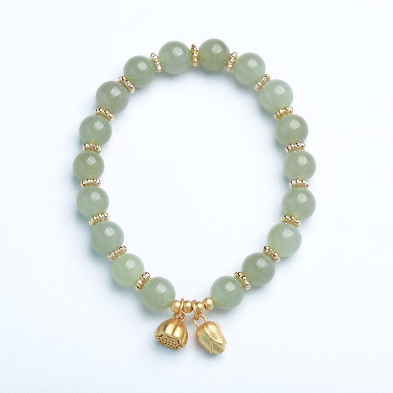 天然8MM和田玉圆珠单圈手链S925银镀金隔片两世欢手串