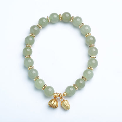 天然8MM和田玉圆珠单圈手链S925银镀金隔片两世欢手串