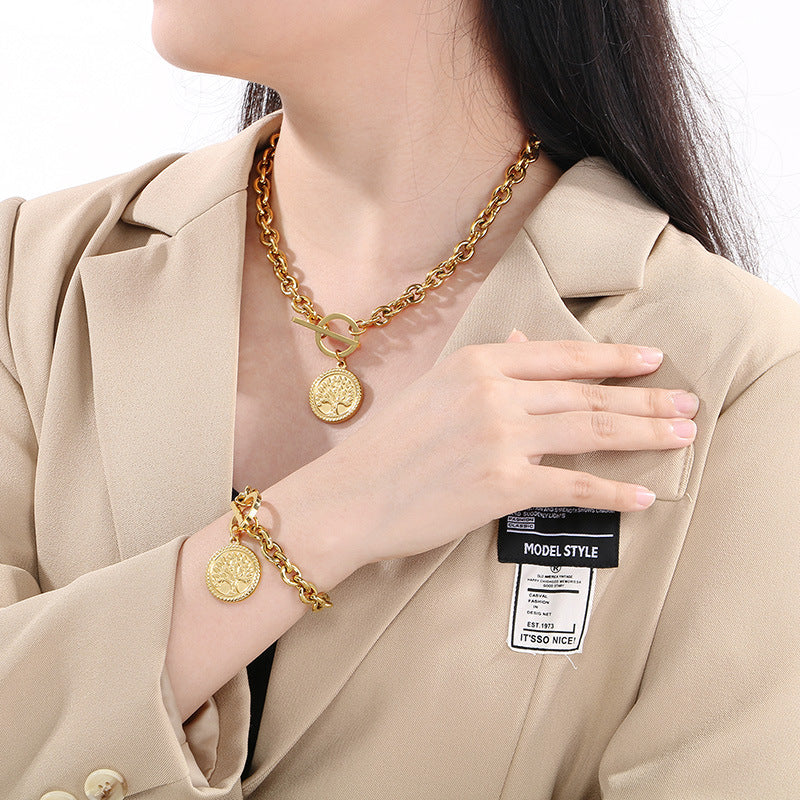 European and American fashion personalized retro portrait tree round brand stainless steel pendant chain high-end temperament set jewelry