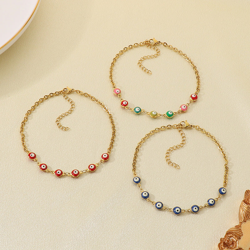 European and American fashion bohemian color resin devil's eye stainless steel anklet women's 18K titanium steel oval bracelet