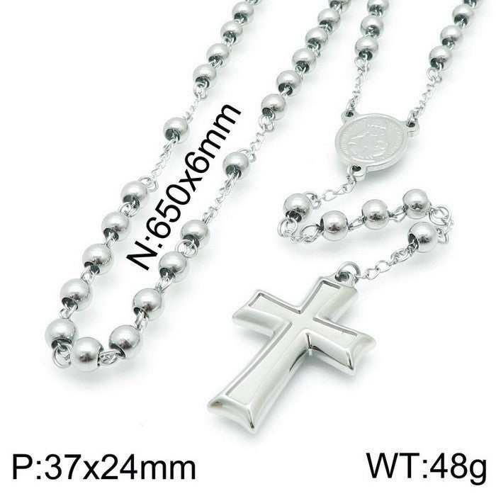 Cross-border European and American ins stainless steel niche design cross retro round bead necklace titanium steel collarbone chain necklace decoration women