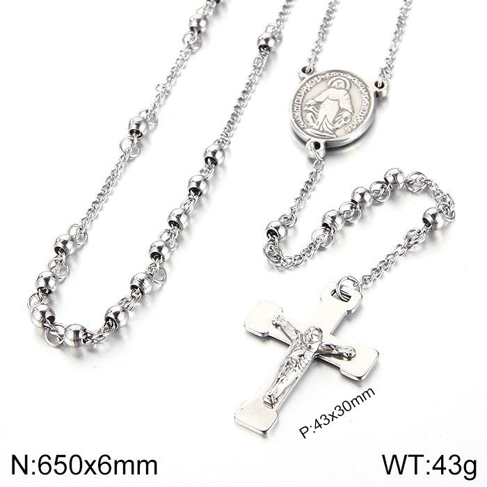 Cross-border titanium steel jewelry, stainless steel rosary necklace cross gold-plated 18K round bead cross necklace men's and women's jewelry