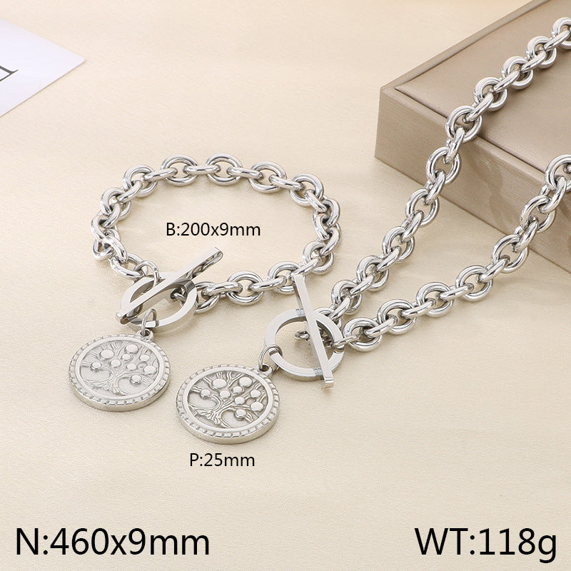 European and American fashion personalized retro portrait tree round brand stainless steel pendant chain high-end temperament set jewelry