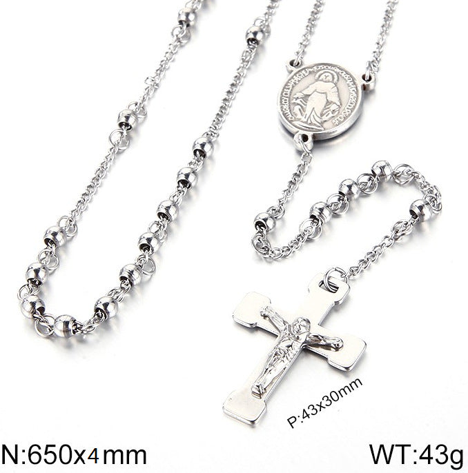 Cross-border titanium steel jewelry, stainless steel rosary necklace cross gold-plated 18K round bead cross necklace men's and women's jewelry