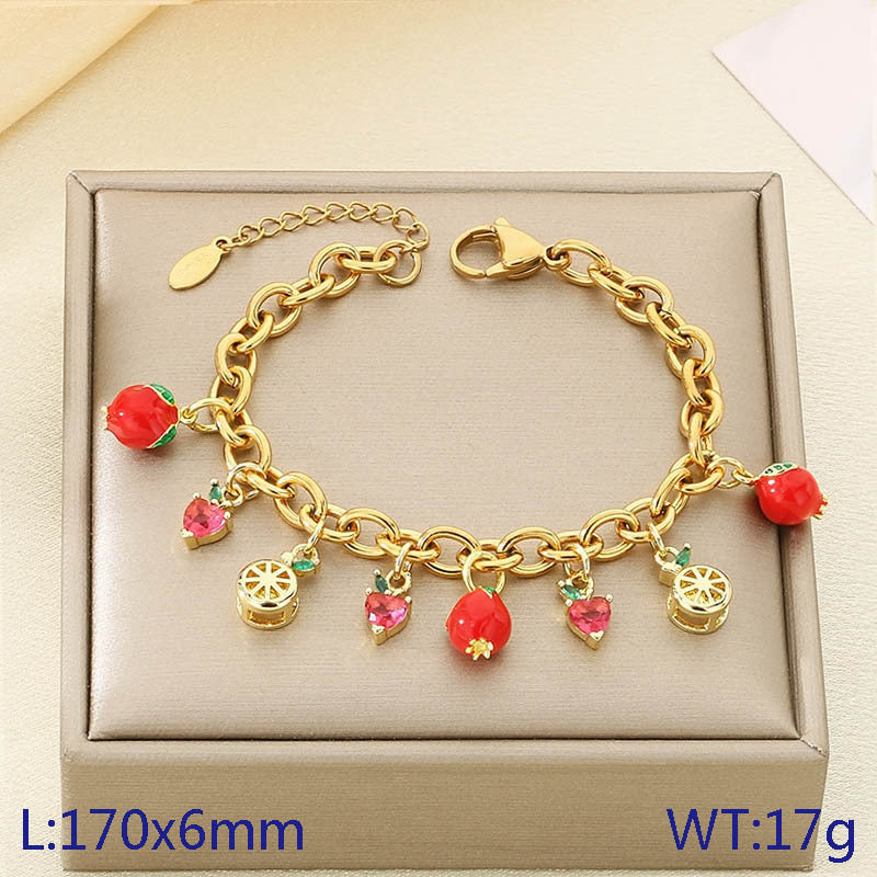 Cross-border fresh pastoral fruit series zircon strawberry durian cherry apple pendant stainless steel chain bracelet