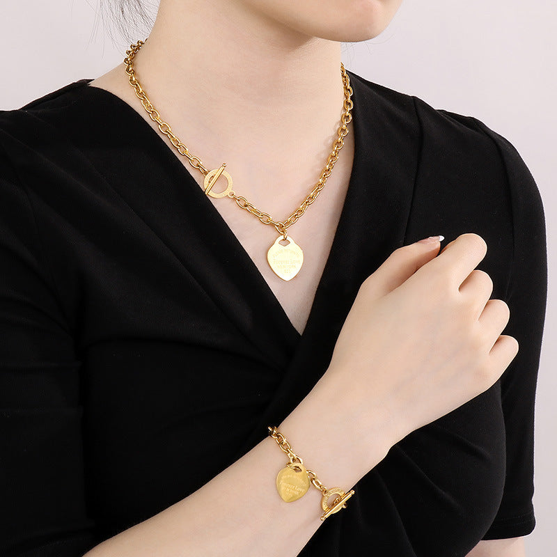Gold Heart Charm Jewelry Set with Green Enamel Pendant