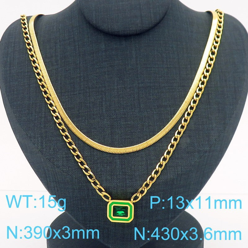 Gold Layered Chain Necklace with Square Gem Pendant