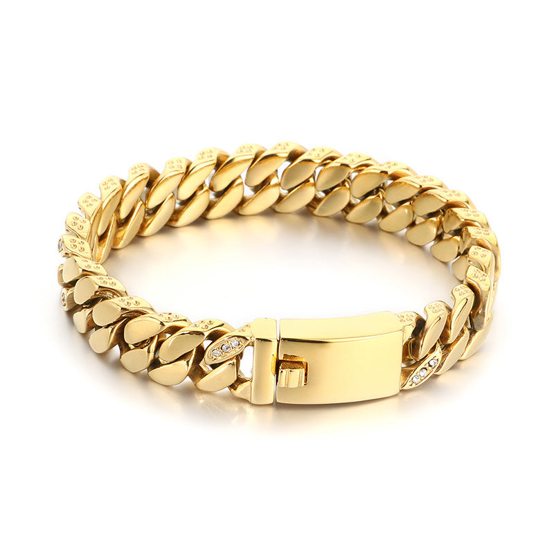 Fashion Trend Creative Design Diamond-encrusted Stainless Steel Cuban Chain Bracelet Vacuum Plated 18k Gold Couple Bracelet