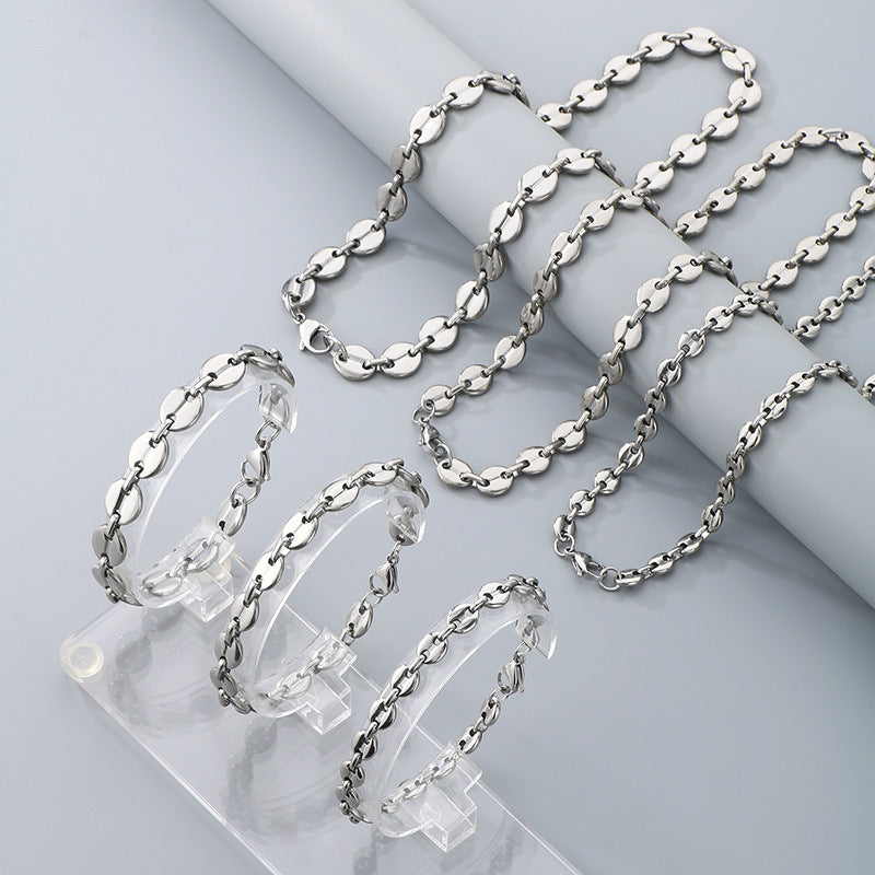 Simple high-end stainless steel pig nose coffee bean bracelet necklace chain vacuum 18k gold pig nose chain set