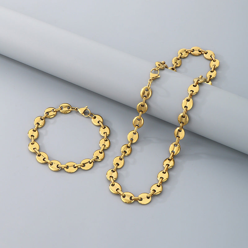 Simple high-end stainless steel pig nose coffee bean bracelet necklace chain vacuum 18k gold pig nose chain set