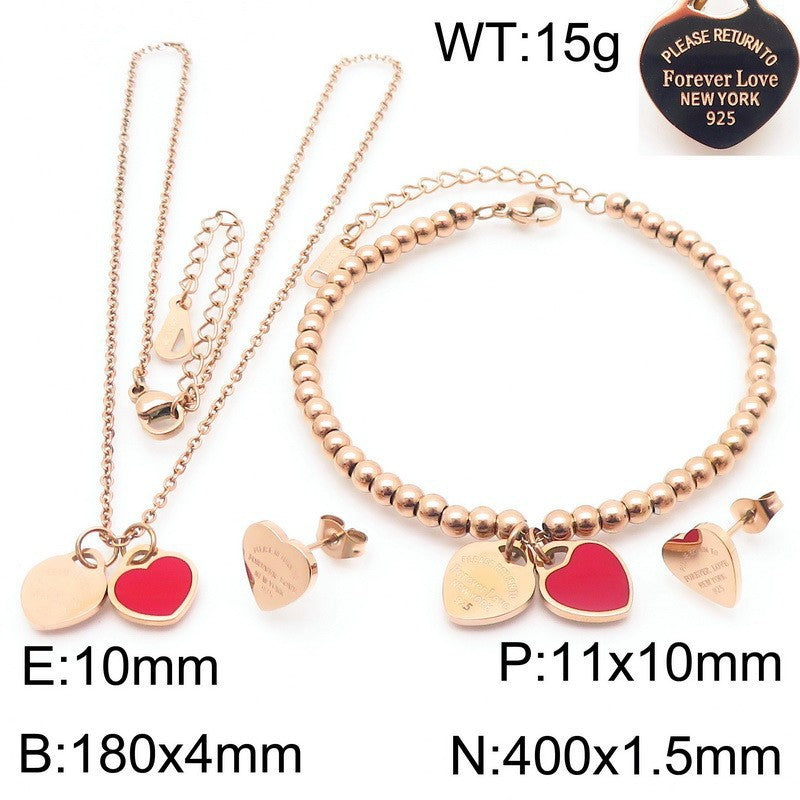 Gold Heart Charm Jewelry Set with Green Enamel Pendant