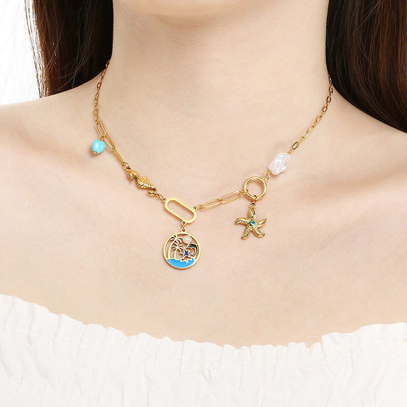 Cross-border stainless steel pearl necklace ocean series fringed starfish sea turtle pendant women's vacation style seaside necklace