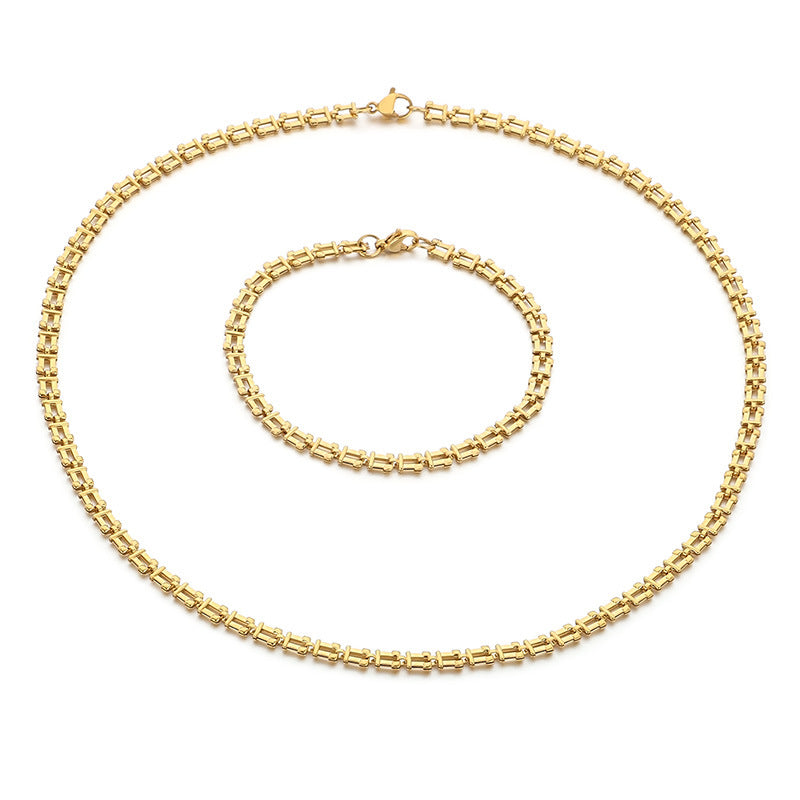 Cross-border fashion simple titanium steel strap chain bracelet necklace electroplated 18k gold hollow square set jewelry