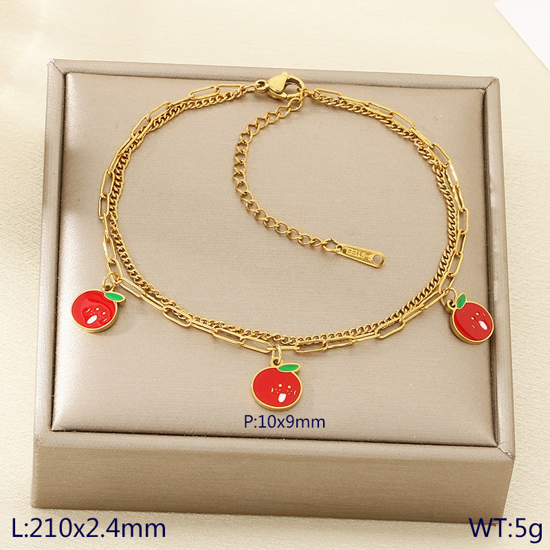 New fresh and sweet fruit series cherry strawberry apple dragon fruit pendant stainless steel double layer stacked anklet