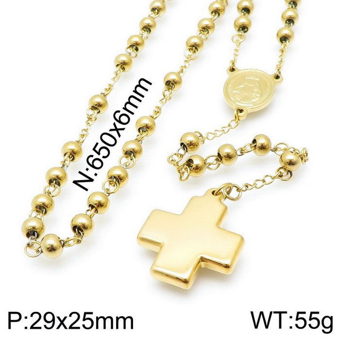 Cross-border European and American ins stainless steel niche design cross retro round bead necklace titanium steel collarbone chain necklace decoration women