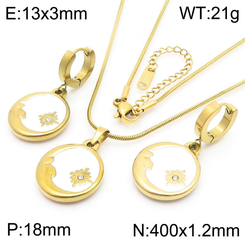 Cross-border fashion pattern butterfly rose pendant three-dimensional stainless steel collarbone chain black and white round drop ear buckle set