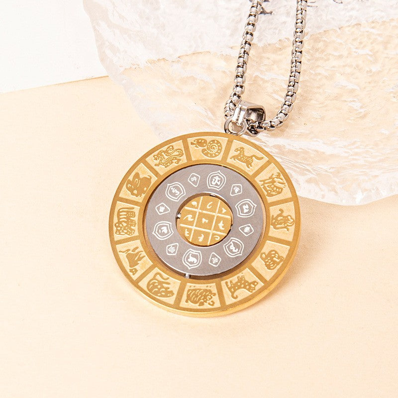 Classic creative titanium steel round plate rotatable twelve zodiac signs Jiugong Bagua Manjushri pendant stainless steel pendant necklace