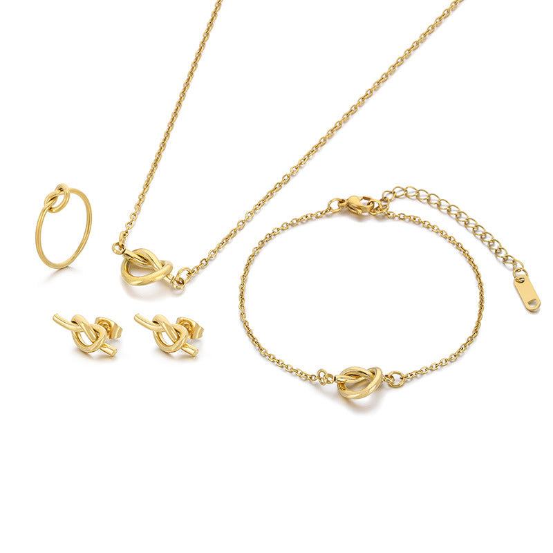 Cross-border fashion versatile rope knot elements stainless steel stud earrings necklace bracelet four-piece set knotted collarbone chain spot