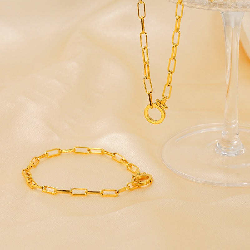 European and American ins style simple and atmospheric stainless steel necklace fashion niche paper clip bracelet 18k gold set