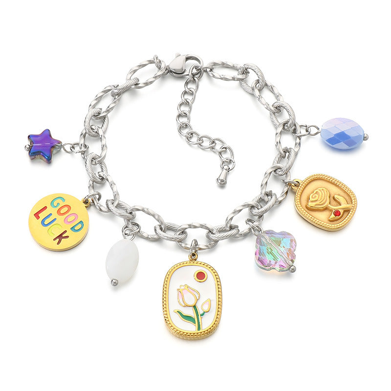 ins style high-end sense versatile 18K gold stainless steel star moon tulip chain versatile high-end sense bracelet for women