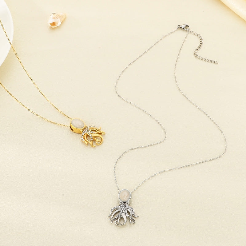 Cross-border Stainless Steel Ocean Beach Wind Pendant Necklace Female Premium Sense Pearl Octopus Clavicle Chain Pendant Jewelry