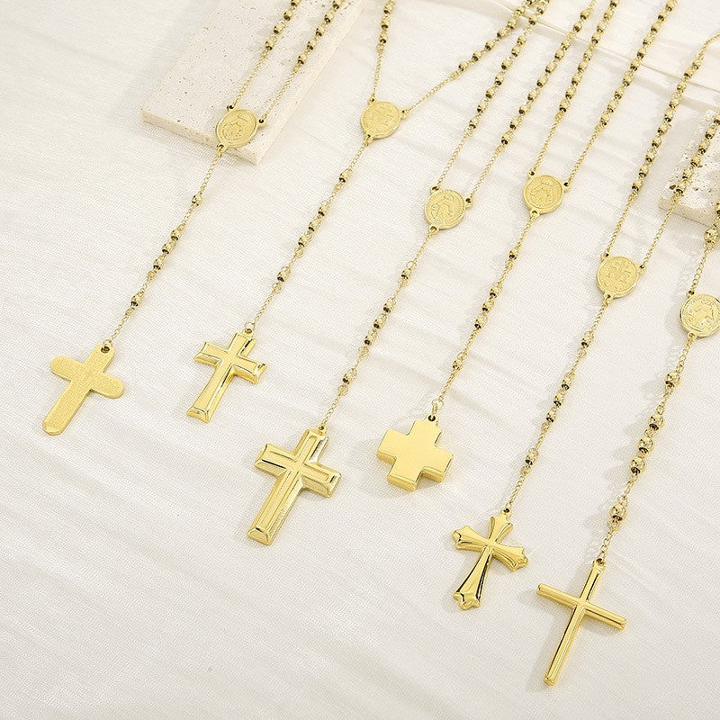 Cross-border European and American ins stainless steel niche design cross retro round bead necklace titanium steel collarbone chain necklace decoration women