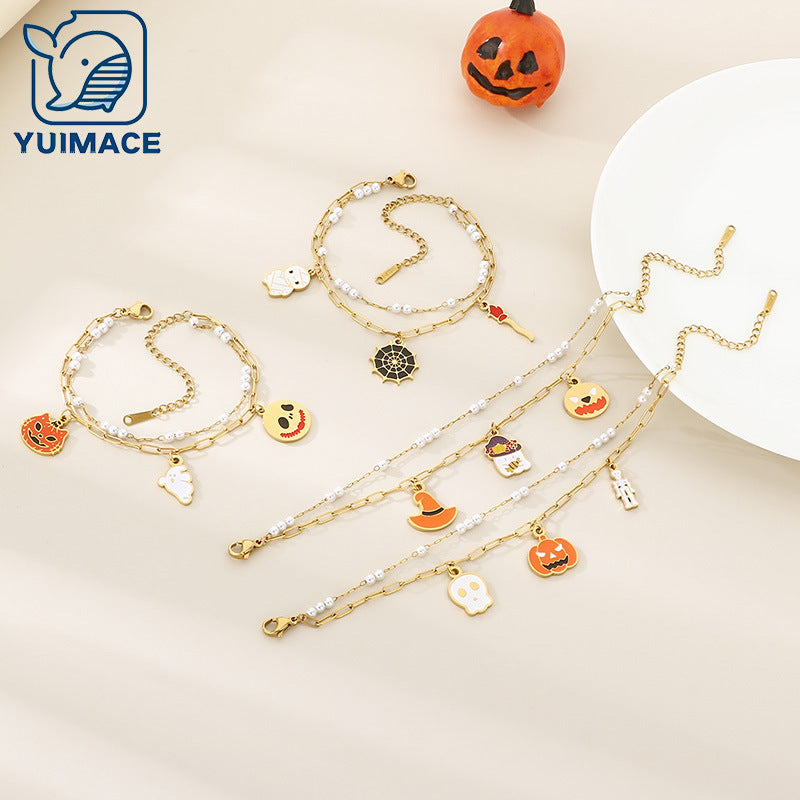 European and American cross-border Halloween new stainless steel 18K gold pumpkin head ghost skull shape bracelet jewelry