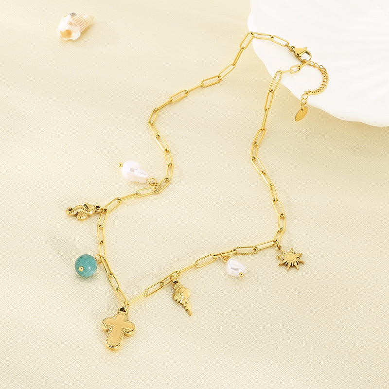 Gold Layered Charm Necklace with Pearl & Symbol Pendants