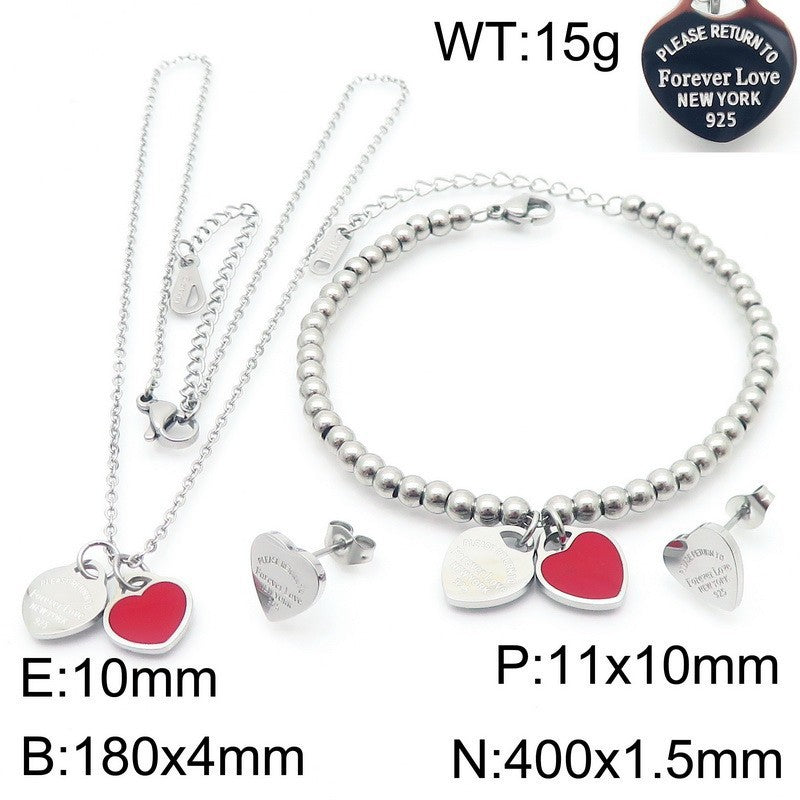 Gold Heart Charm Jewelry Set with Green Enamel Pendant