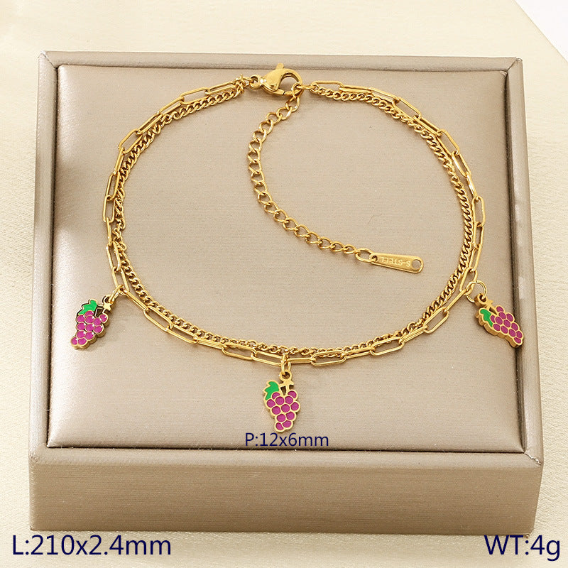 New fresh and sweet fruit series cherry strawberry apple dragon fruit pendant stainless steel double layer stacked anklet