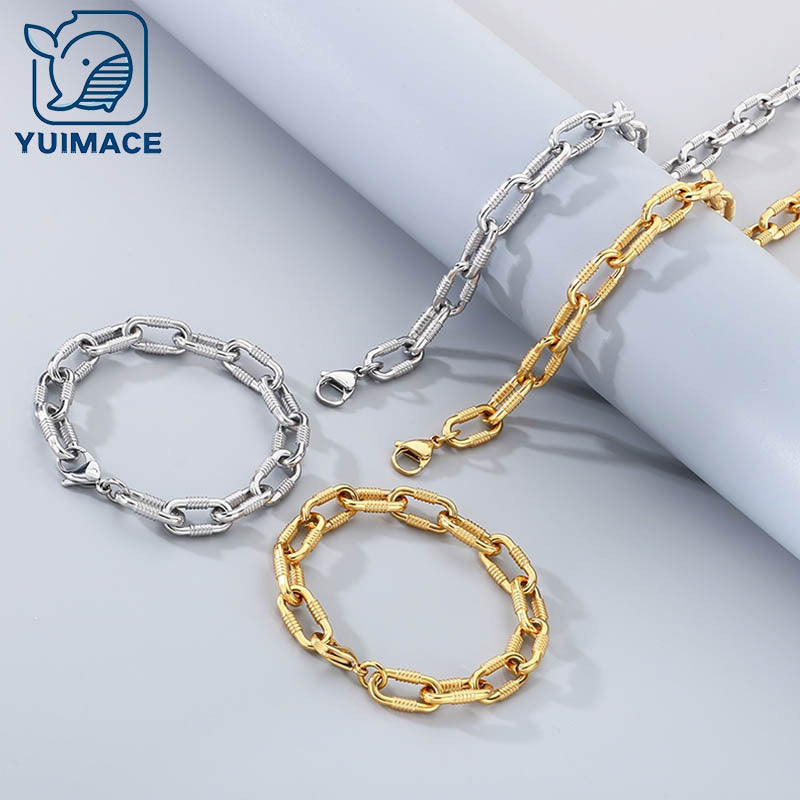 Cross-border cold wind stainless steel threaded bracelet necklace personalized Cuban thick buckle ring unisex jewelry two-piece set